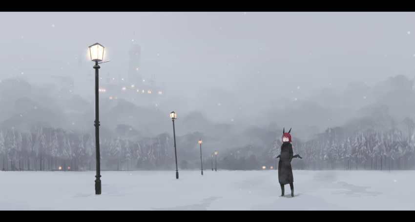 1girl bat_wings black_dress cacao_choco_mame dress fog forest head_wings koakuma lantern letterboxed nature redhead scarlet_devil_mansion snow snowing solo touhou wings
