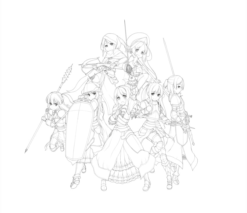 6+girls apple_grant armor armored_dress bow_(weapon) character_request club crossbow faulds fighting_stance gauntlets greaves helmet highres knight lineart long_hair medieval monochrome multiple_girls polearm quad_drills rapier shield smile spear spiked_club sword twintails warhammer weapon winged_helmet