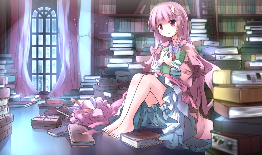 1girl barefoot bloomers blush book bookshelf bow crescent curtains hat hat_removed headwear_removed highres ladder long_hair open_mouth patchouli_knowledge purple_hair ribbon risutaru sitting solo touhou underwear violet_eyes window