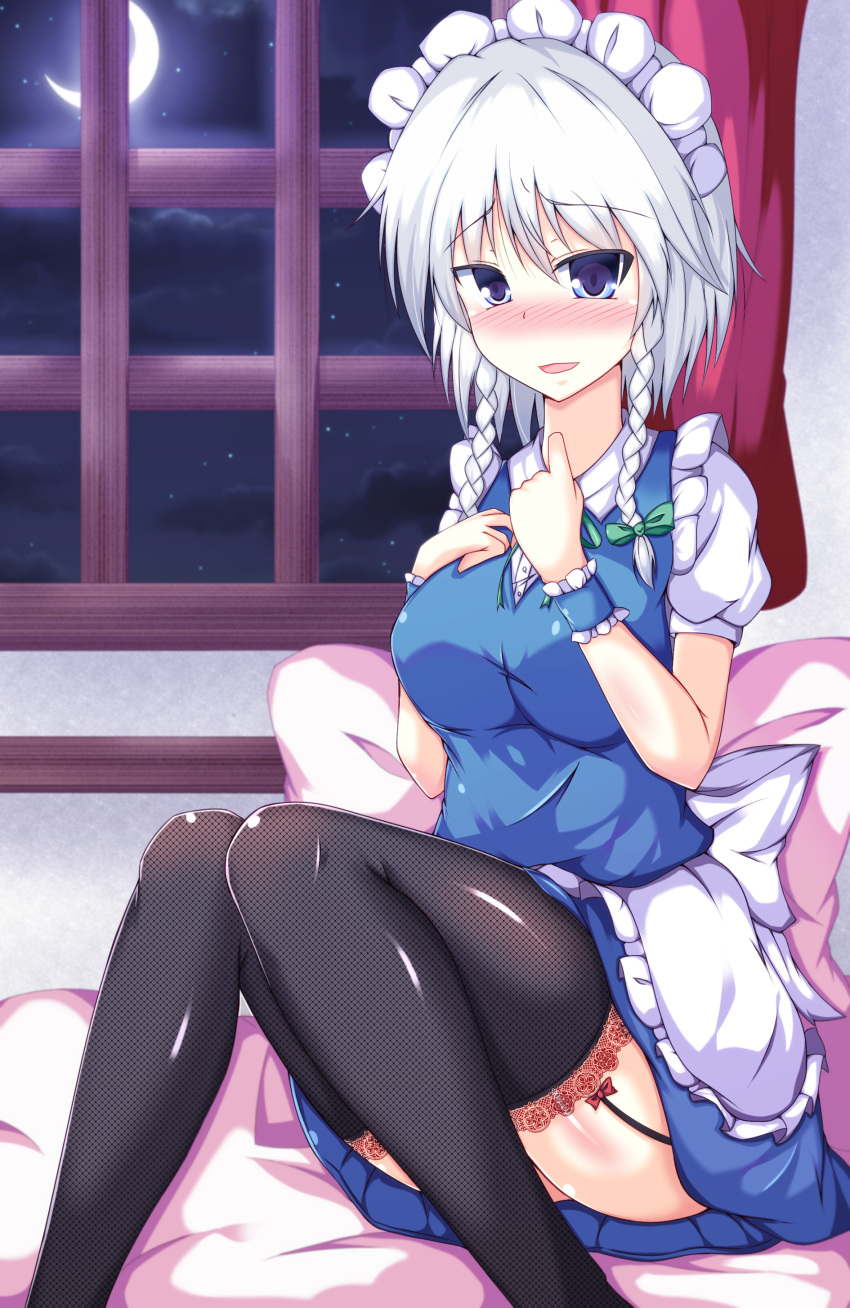 1girl absurdres apron black_legwear blue_dress blush braid breasts clouds crescent_moon curtains dress garter_straps hand_on_own_chest highres izayoi_sakuya lace lace-trimmed_thighhighs looking_at_viewer maid_apron maid_headdress moon naba_(take_tonbo) night open_mouth puffy_sleeves shirt short_sleeves silver_hair sitting sky smile solo star_(sky) starry_sky thighhighs touhou twin_braids upskirt waist_apron window wrist_cuffs zettai_ryouiki