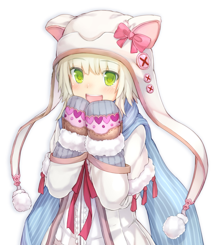 1girl animal_hood blush bow green_eyes hat hear highres hood mittens namaru_(summer_dandy) open_mouth original scarf short_hair simple_background smile solo twintails white_background white_hair winter_clothes