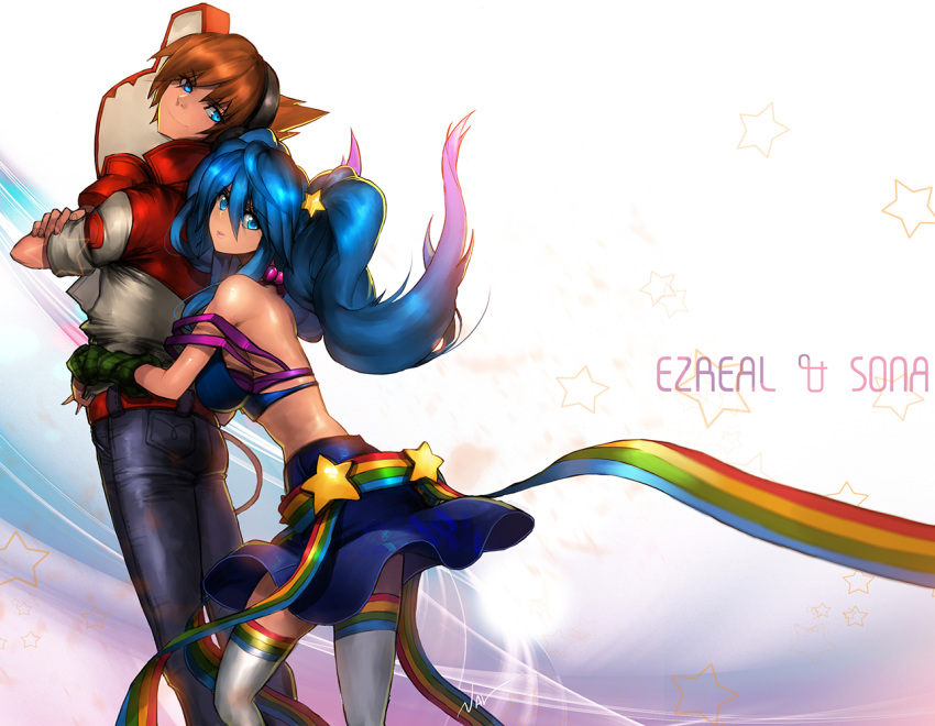 1boy 1girl bare_shoulders blue_hair ezreal foam_finger hug hug_from_behind jeans league_of_legends looking_at_viewer nal_(nal's_pudding) ribbon skirt sona_buvelle star thighhighs twintails