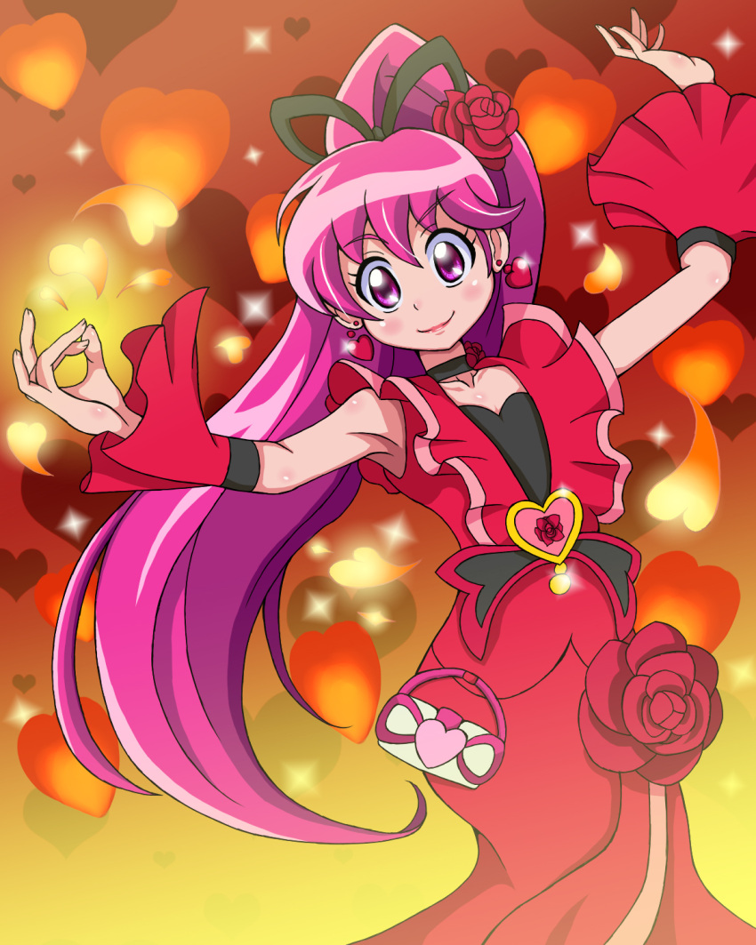 1girl aino_megumi alternate_form blush cherry_flamenco choker cure_lovely dancing detached_sleeves dress earrings flower hair_flower hair_ornament happinesscharge_precure! heart heart_background highres jewelry lipstick long_hair magical_girl makeup orange_background pink_eyes pink_hair precure red_dress red_rose rose smile solo watosonshi