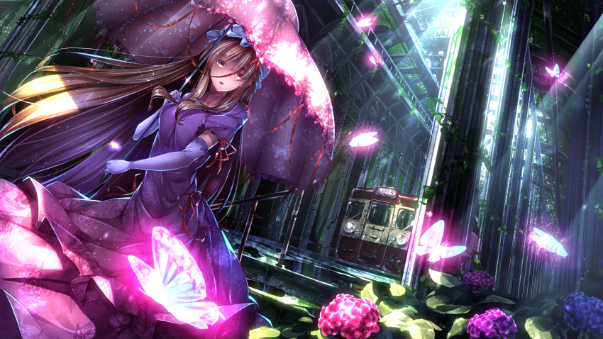 after_rain amber_eyes blonde_hair breasts butterfly ceiling collarbone dress elbow_gloves floral_print flower forest gloves glowing highres hydrangea large_breasts long_hair looking_at_viewer mob_cap nature neck open_mouth pillar puffy_sleeves purple_dress reflection ribbon ruins ryosios sparkle stairs sunbeam sunlight touhou train train_station tree umbrella vanishing_point vines water yakumo_yukari