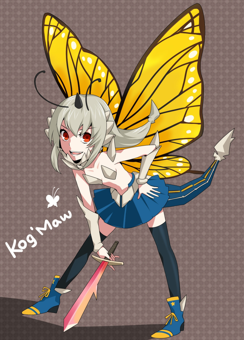 1girl antennae butterfly butterfly_wings hand_on_hip highres horn ilris kog'maw league_of_legends leaning_forward long_hair looking_at_viewer open_mouth personification red_eyes silver_hair solo sword tail thighhighs weapon wings
