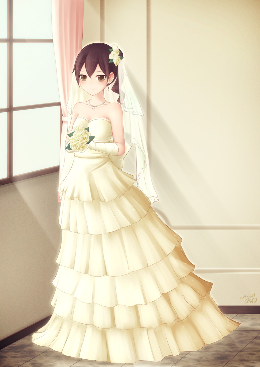 1girl aircraft_carrier bare_shoulders bride brown_eyes brown_hair curtains dress elbow_gloves flower gloves hair_flower hair_ornament highres jewelry kaga_(kantai_collection) necklace side_ponytail sunlight ume_(rabbit_punch) veil wedding_dress window