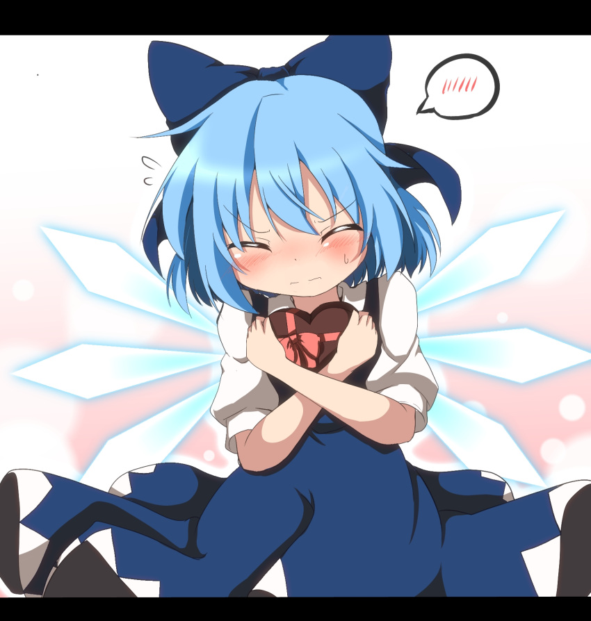 1girl blue_dress blue_hair blush bow box cirno closed_eyes do_(4-rt) dress embarrassed flying_sweatdrops gift gift_box hair_bow heart highres ice ice_wings letterboxed object_hug puffy_sleeves short_sleeves solo spoken_blush sweatdrop touhou valentine wings