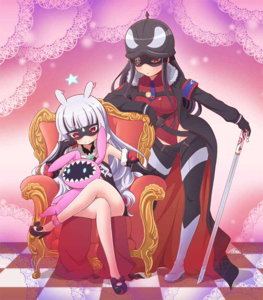 ankle_garter antenna_hair armband bangs bare_shoulders black_hair blunt_bangs blush chair coat crossed_legs eyepatch fur_trim gauntlets gloves helmet high_heels highleg highleg_leotard highres hoshimiya_kate leotard long_hair long_sleeves lowleg lowleg_pants lowleg_skirt mask midriff necktie osaji0909 pants plamja-sama red_eyes sekai_seifuku:_bouryaku_no_zvezda shikabane_itsuka silver_hair sitting smile star stuffed_animal stuffed_toy sword venera-sama very_long_hair weapon