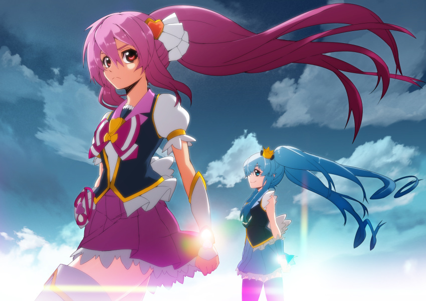 2girls aino_megumi blue_eyes blue_hair blue_skirt bowtie brooch crown cure_lovely cure_princess frown hair_ornament happinesscharge_precure! heart_hair_ornament highres jewelry kanameyeah long_hair magical_girl mini_crown multiple_girls necktie payot pink_hair pink_skirt ponytail precure profile serious shirayuki_hime skirt sky smile thighhighs twintails