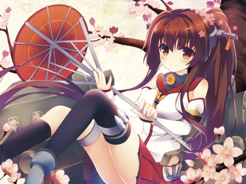 1girl breasts brown_eyes brown_hair cherry_blossoms detached_sleeves hair_ornament kanora kantai_collection long_hair looking_at_viewer oriental_umbrella personification ponytail single_thighhigh smile solo thighhighs umbrella yamato_(kantai_collection)