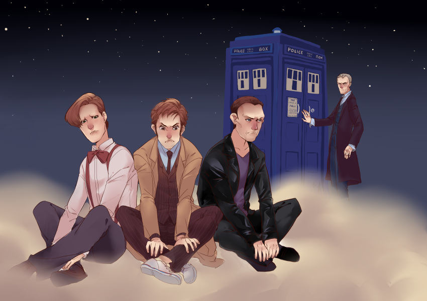 absurdres bowtie brown_hair doctor_who eleventh_doctor formal froc_coat highres leather_jacket necktie ninth_doctor police_box raincoat rishangsangan short_hair suit suspenders tardis tenth_doctor the_doctor time_machine twelfth_doctor