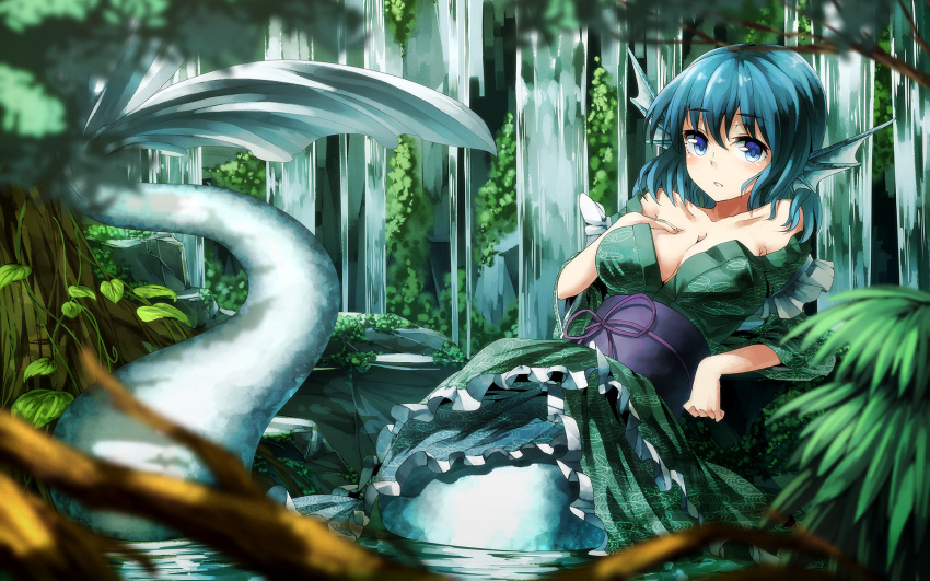 1girl blue_eyes blue_hair blush breasts cleavage forest head_fins highres ibuki_notsu japanese_clothes kimono mermaid monster_girl nature obi parted_lips sash short_hair solo touhou tree wakasagihime water waterfall wide_sleeves