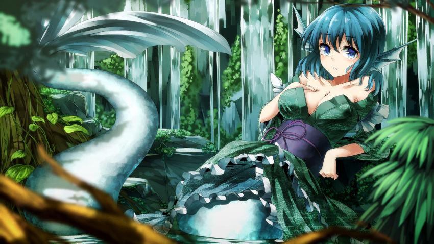 1girl blue_eyes blue_hair blush breasts cleavage forest head_fins highres ibuki_notsu japanese_clothes kimono mermaid monster_girl nature obi parted_lips sash short_hair solo touhou tree wakasagihime water waterfall wide_sleeves