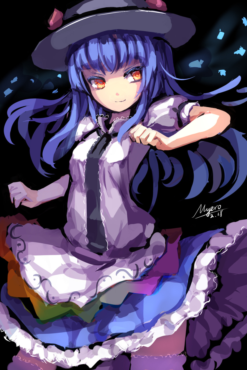 1girl black_background blue_hair cowboy_shot dated faux_traditional_media food fruit hat highres hinanawi_tenshi layered_dress light_smile long_hair looking_at_viewer myero peach raised_hand red_eyes short_sleeves signature simple_background solo thighhighs touhou