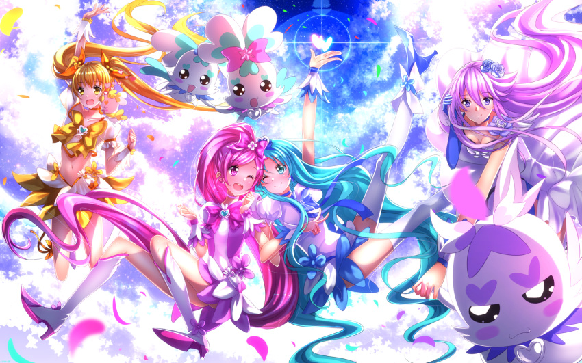 4girls ;d blue_eyes blue_hair boots bow breasts cleavage clouds cure_blossom cure_marine cure_moonlight cure_sunshine flower hair_bow hair_flower hair_ornament hanasaki_tsubomi heart heartcatch_precure! highres kurumi_erika long_hair magical_girl midriff multiple_girls myoudouin_itsuki open_mouth pink_eyes pink_hair ponytail precure purple_hair skirt sky smile swordsouls thighhighs tsukikage_yuri twintails violet_eyes wink yellow_eyes