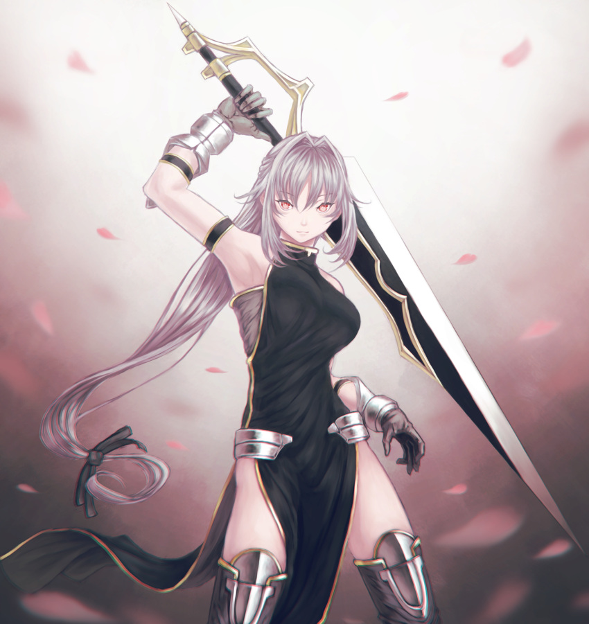 1girl armor brown_hair china_dress chinese_clothes gloves hair_intakes highres huge_weapon long_hair low-tied_long_hair mstm original petals red_eyes solo standing sword very_long_hair weapon