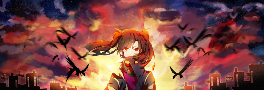 1girl bandaid bird black_hair enomoto_takane explosion gas_mask headphone_actor_(vocaloid) headphones highres kagerou_project long_hair red_eyes star_(sky) syeoseul twintails