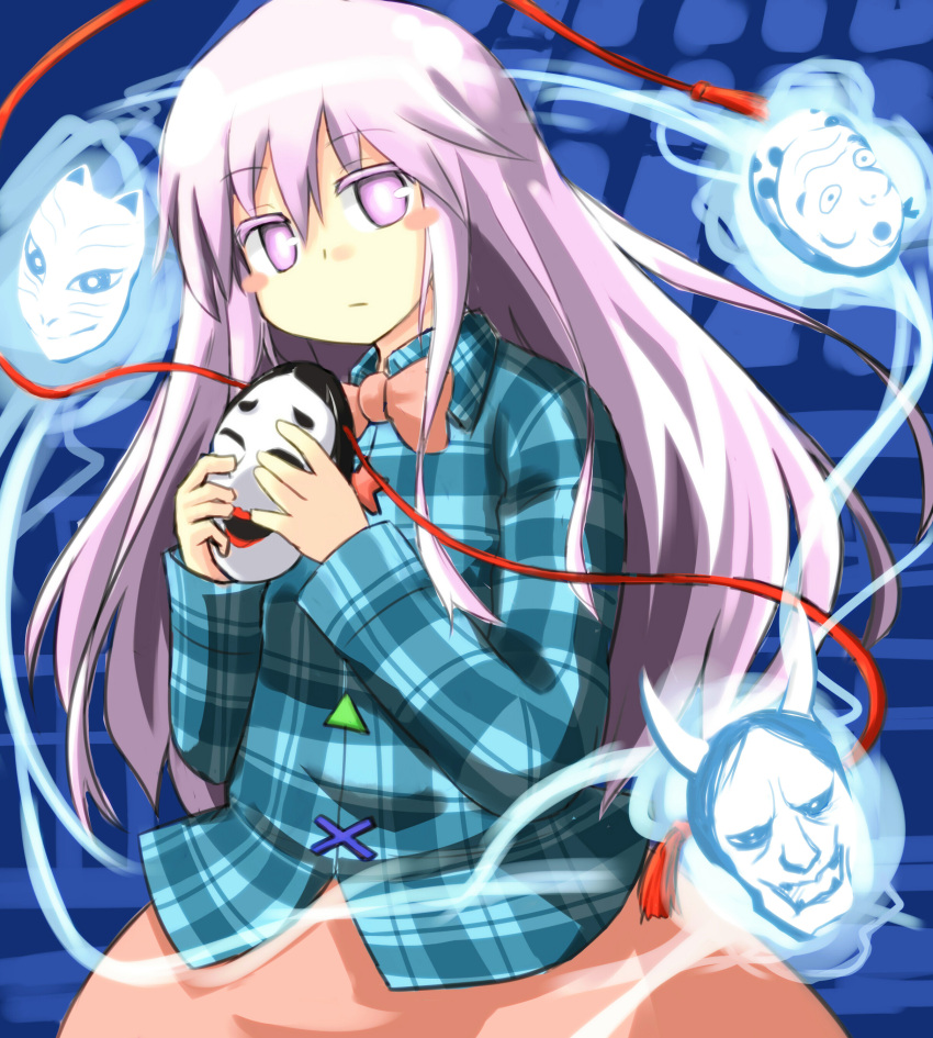 1girl absurdres empty_eyes expressionless fox_mask hannya hata_no_kokoro highres long_hair looking_at_viewer magic mask noh_mask pink_hair plaid plaid_shirt s_katsuo shirt skirt touhou very_long_hair