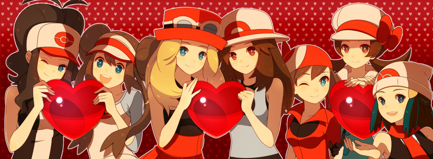 bandana baseball_cap beanie blonde_hair blue_(pokemon) blue_eyes bow brown_eyes brown_hair cabbie_hat double_bun hair_ornament hairclip haruka_(pokemon) hat hat_bow heart heart_background high_ponytail highres hikari_(pokemon) himari_g_(sr) kotone_(pokemon) long_hair looking_at_viewer mei_(pokemon) pokemon pokemon_(game) pokemon_bw pokemon_bw2 pokemon_dppt pokemon_frlg pokemon_hgss pokemon_rse pokemon_xy porkpie_hat raglan_sleeves red_ribbon ribbon scarf serena_(pokemon) sleeveless sleeveless_shirt smile sunglasses sunglasses_on_head touko_(pokemon) twintails vest visor_cap wink