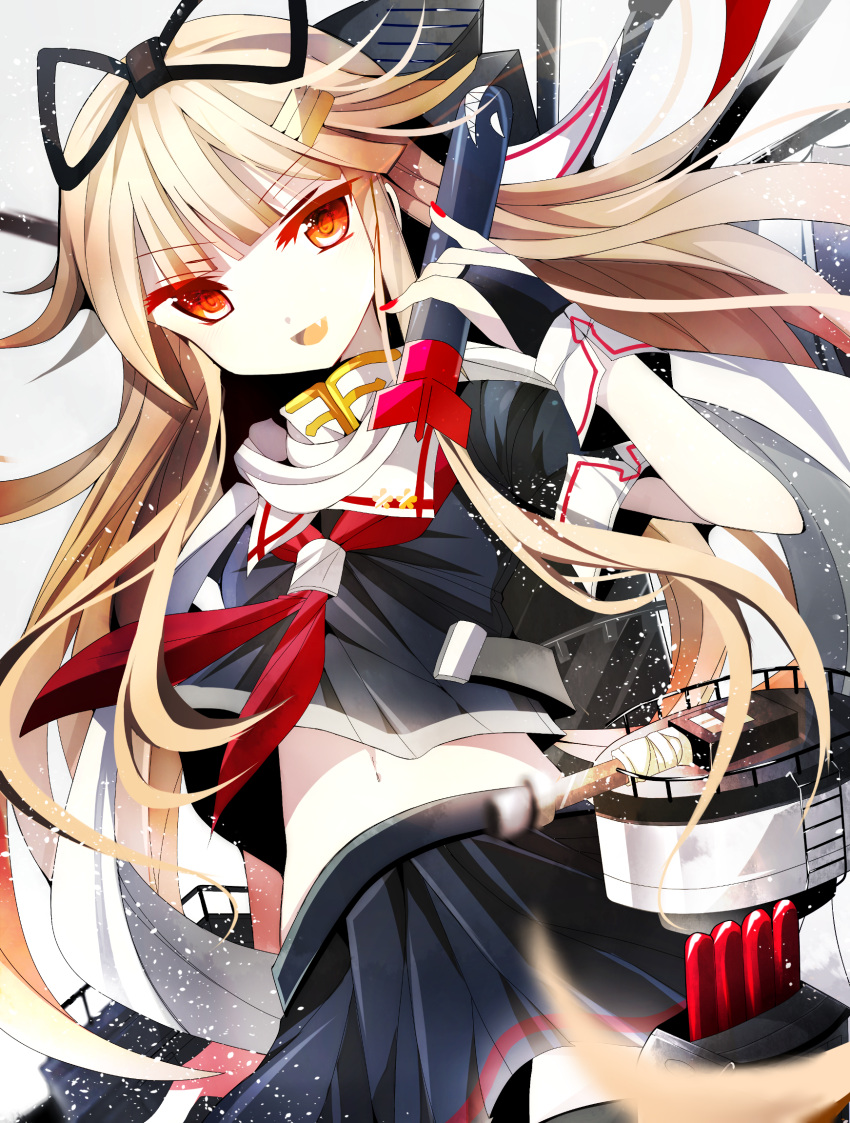 1girl blonde_hair fang fumiko_(miruyuana) gloves hair_ornament hair_ribbon hairclip highres kantai_collection long_hair navel open_mouth personification red_eyes ribbon school_uniform serafuku solo torpedo yuudachi_(kantai_collection)