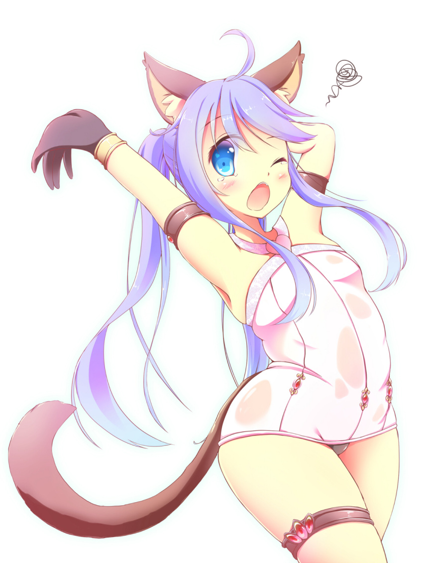 animal_ears arm_behind_head arms_up blue_eyes blue_hair blush bodysuit cat_ears elin_(tera) gloves highres kt_cano long_hair open_mouth stretch tail tears tera_online wink yawning