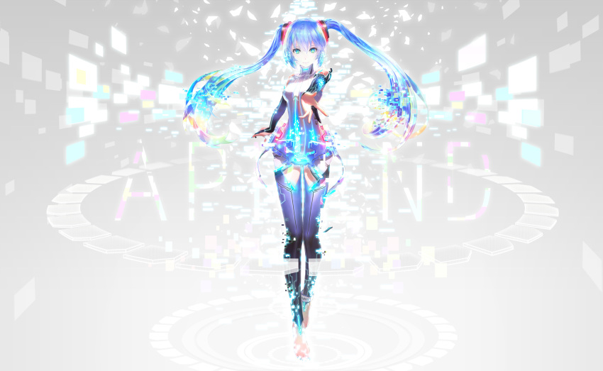 1girl anklet aqua_eyes barefoot blue_hair bridal_gauntlets digital_dissolve floating_hair green_eyes hatsune_miku highres iori_yakatabako jewelry long_hair miku_append outstretched_arm solo thighhighs twintails very_long_hair vocaloid vocaloid_append