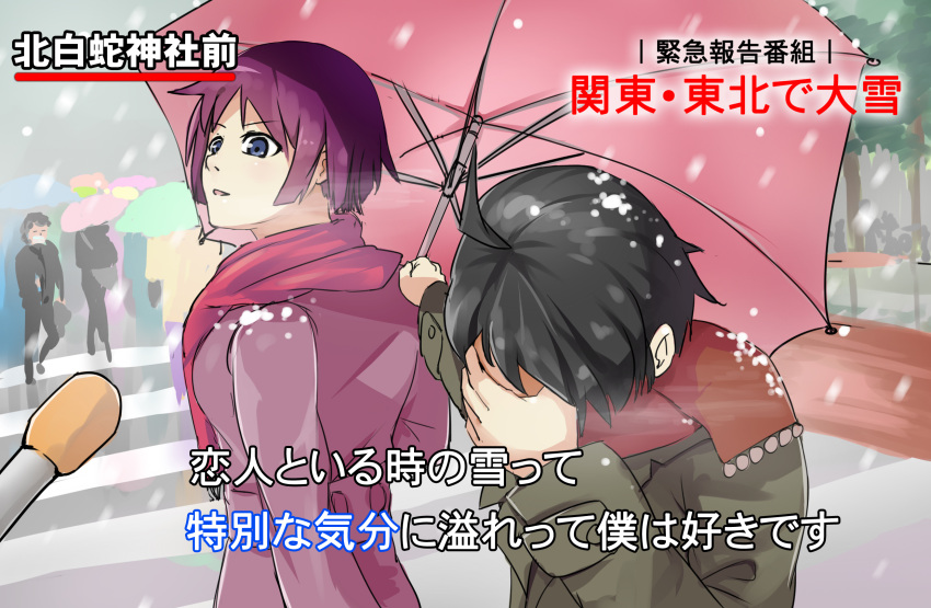 1boy 1girl ahoge araragi_koyomi black_hair blue_eyes covering_face embarrassed highres interview microphone monogatari_(series) parody purple_hair scarf senjougahara_hitagi short_hair snow special_feeling_(meme) umbrella winter