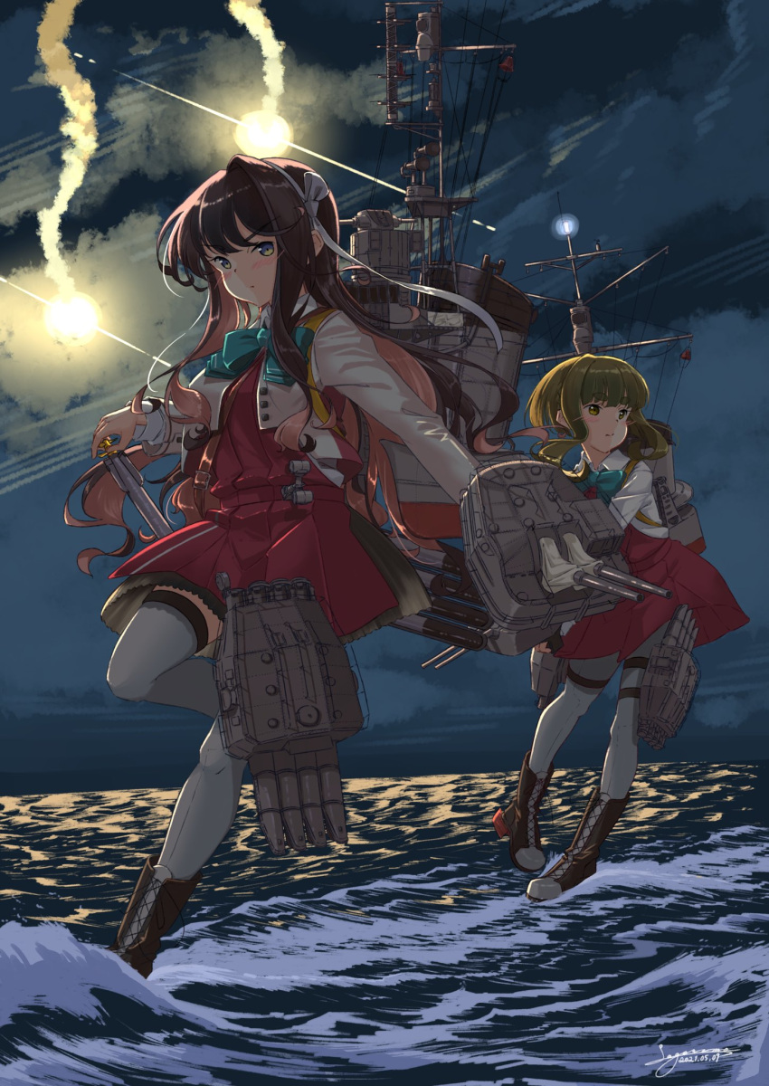 2girls adapted_turret black_hair blazer bob_cut boots bow bowtie brown_eyes cannon clouds cross-laced_footwear dress green_hair grey_legwear hairband highres jacket kantai_collection lace-up_boots long_hair long_sleeves mast multicolored_hair multiple_girls naganami_(kancolle) night ocean outdoors pantyhose pink_hair remodel_(kantai_collection) rigging sagoromo_04 shirt short_hair short_hair_with_long_locks sidelocks sleeveless sleeveless_dress smokestack standing standing_on_liquid standing_on_one_leg takanami_(kancolle) thigh-highs thigh_strap torpedo_launcher turret two-tone_hair wavy_hair white_hairband white_shirt