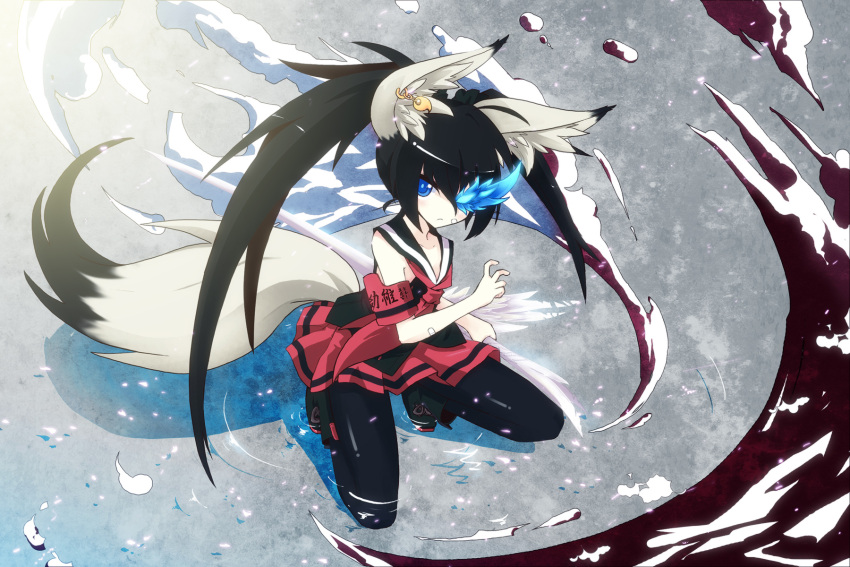 1girl animal_ears black_hair blade_&amp;_soul blue_eyes dress earrings fighting_stance flat_chest glowing glowing_eye highres jewelry long_hair looking_at_viewer lyn_(blade_&amp;_soul) multicolored_hair pantyhose solo tail twintails two-tone_hair uiu very_long_hair water white_hair