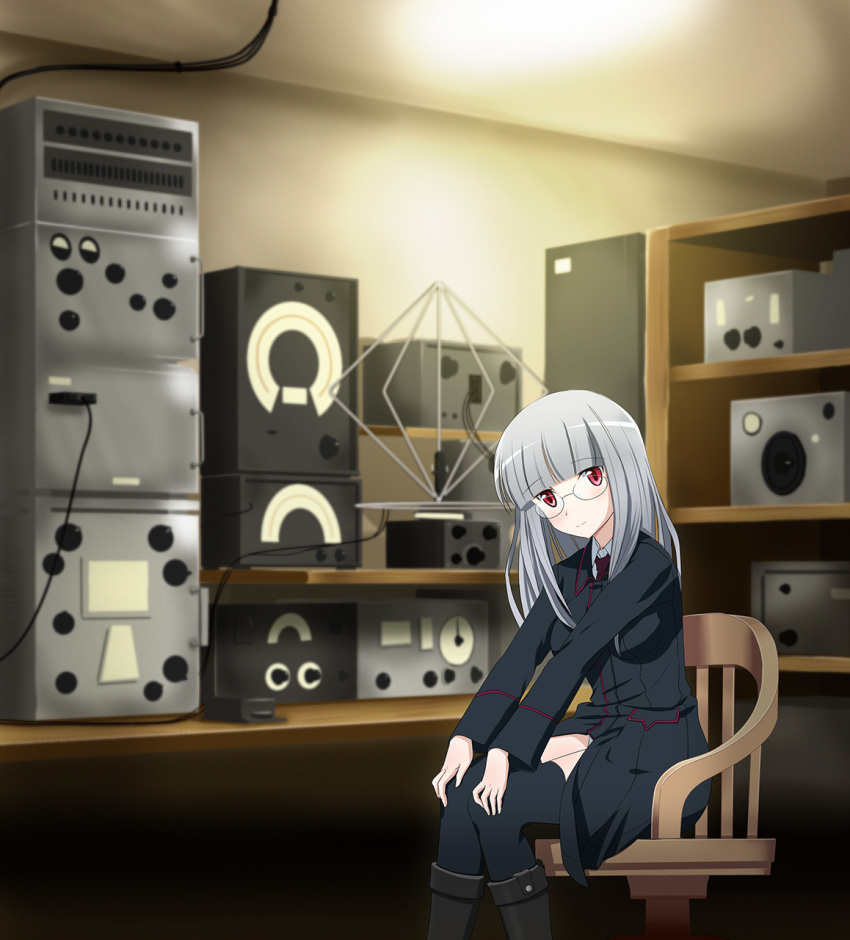 1girl boots chair glasses hands_on_knees heidimarie_w_schnaufer highres indoors long_hair looking_at_viewer novram58 radio red_eyes silver_hair sitting smile solo strike_witches thighhighs uniform