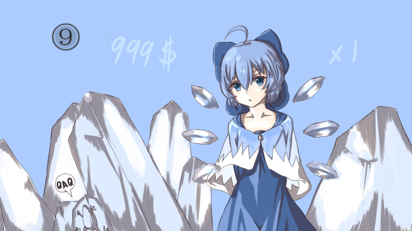 (9) 1girl absurdres adapted_costume blue_clothes blue_eyes blue_hair bow cirno frog frozen hair_bow highres ice short_hair soim touhou wings