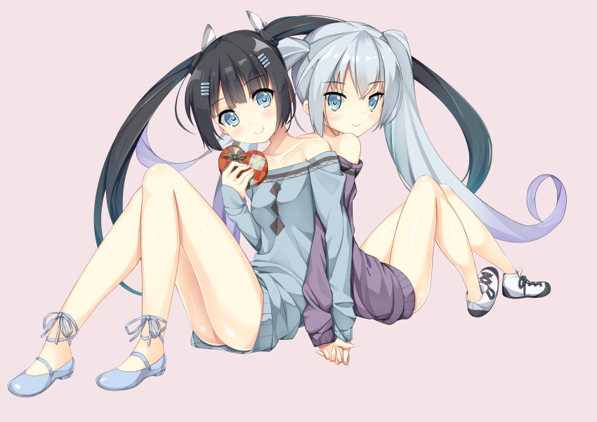 2girls absurdres back-to-back bare_shoulders black_hair blue_eyes character_request chocolate highres holding_hands long_hair multiple_girls no_pants silver_hair sitting smile sweater totto twintails valentine