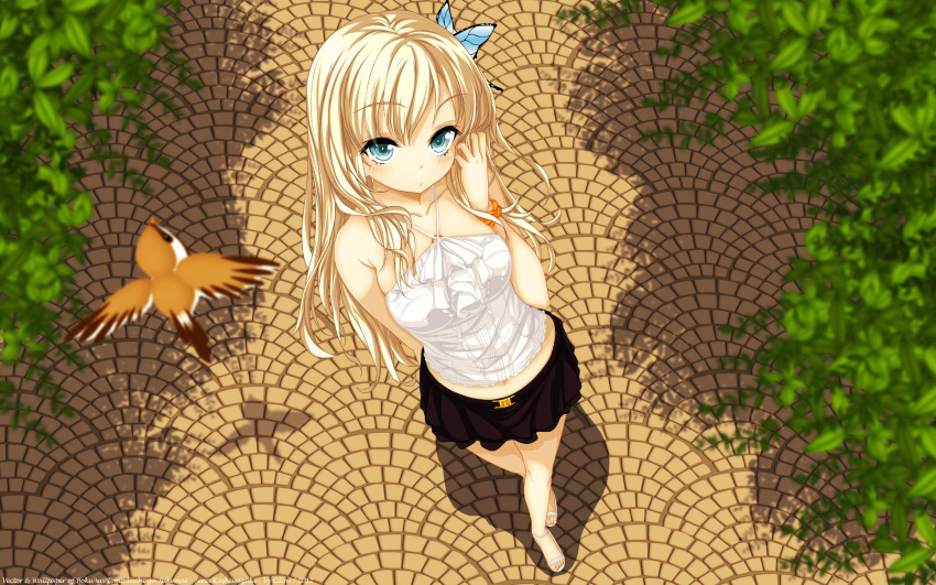 1girl arm_behind_back bare_legs bare_shoulders belt bird blonde_hair blue_eyes blurry boku_wa_tomodachi_ga_sukunai bracelet butterfly_hair_ornament collarbone crossed_legs depth_of_field eyelashes foreshortening hair_ornament hair_tucking halter_top halterneck hand_in_hair highres jewelry kashiwazaki_sena leaf long_hair looking_at_viewer midriff navel pleated_skirt sandals sett shadow skirt solo standing sunlight vector_trace watermark