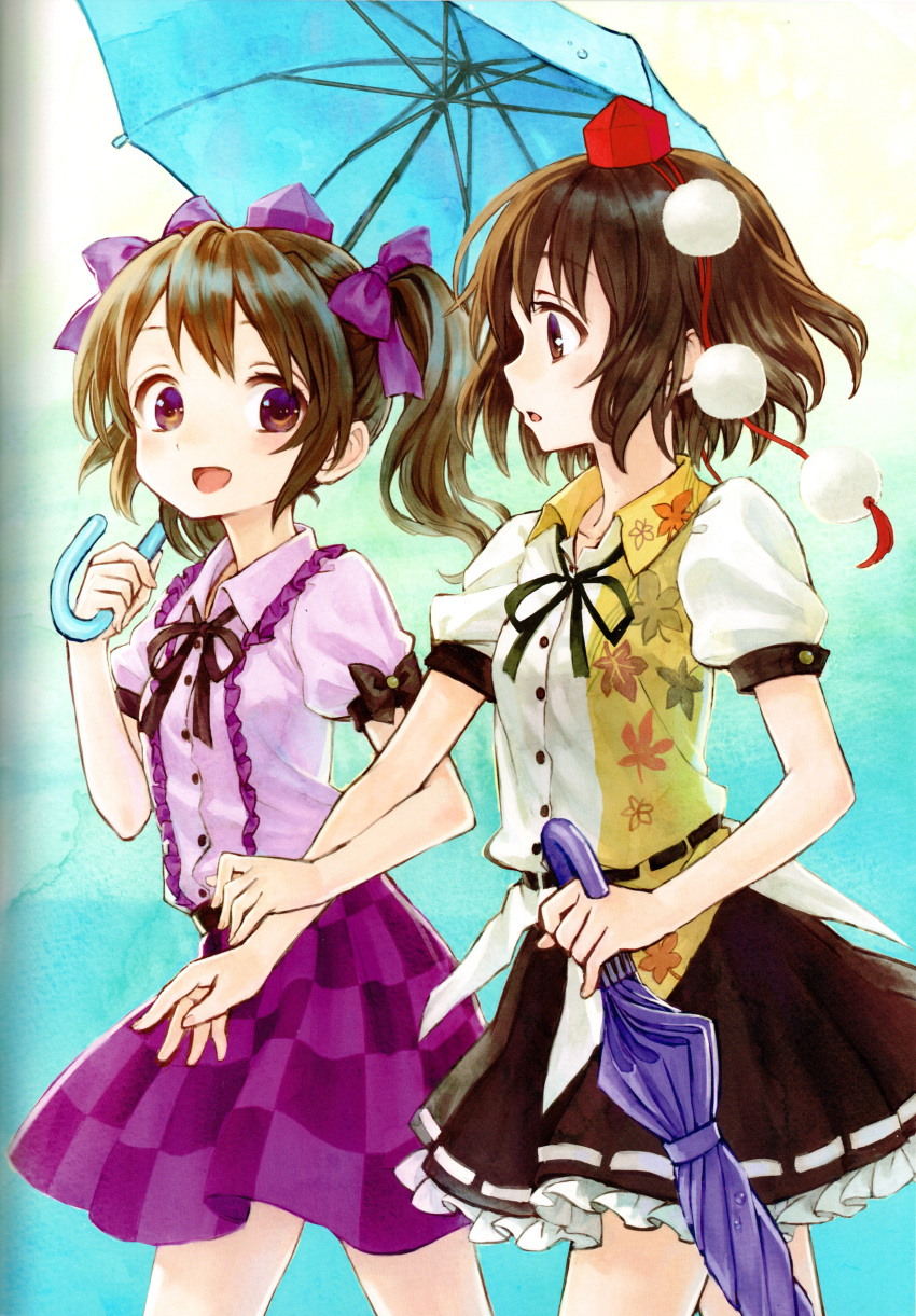 2girls absurdres ama-tou black_hair blush bow brown_eyes brown_hair checkered checkered_skirt closed_umbrella frilled_skirt frills hair_bow hair_ornament hat highres himekaidou_hatate leaf long_hair looking_at_another maple_leaf multiple_girls open_mouth pom_pom_(clothes) profile puffy_sleeves scan shameimaru_aya shirt short_hair short_sleeves simple_background skirt smile tokin_hat touhou twintails umbrella violet_eyes