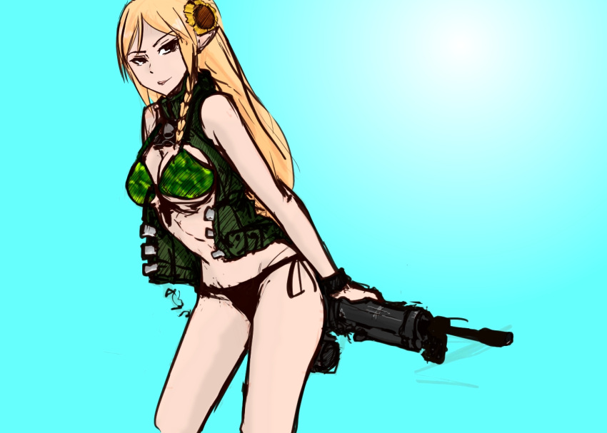 1girl bare_shoulders battle_rifle bikini blonde_hair braid breasts cleavage collaboration colored colorfag elf flower gun hair_flower hair_ornament large_breasts leaning_forward light_smile long_hair open_vest pan!ies pointy_ears rifle sako_rk_95_(upotte!!) scope side-tie_bikini simple_background single_braid solo swimsuit under_boob upotte!! weapon
