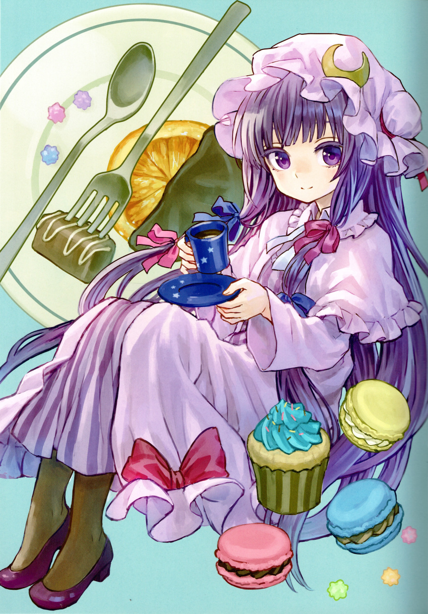 1girl absurdres ama-tou black_legwear blue_background bow capelet crescent cup dish dress food fork frills fruit hair_bow hair_ornament hat hat_bow high_heels highres long_hair long_sleeves looking_at_viewer mob_cap orange pantyhose patchouli_knowledge purple_hair scan simple_background sitting smile solo spoon striped striped_dress sweets teacup touhou violet_eyes wide_sleeves