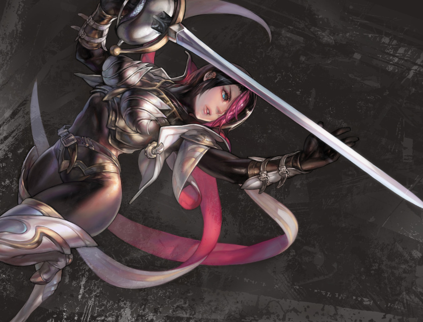 1girl aoin armor blue_eyes boots breastplate breasts clothed_navel fiora_laurent hair_over_one_eye highres league_of_legends multicolored_hair rapier short_hair solo sword thigh_boots thighhighs thighs toned weapon