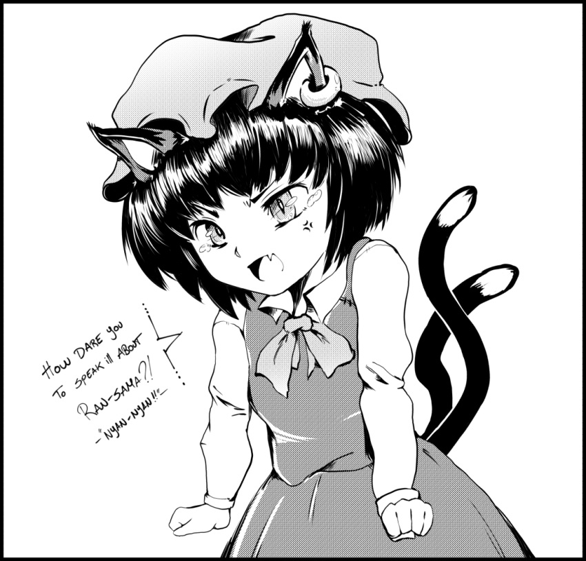 1girl anger_vein animal_ears cat_ears cat_tail chen draw-till-death earrings english fang hat jewelry monochrome multiple_tails open_mouth short_hair tail tears touhou two_tails