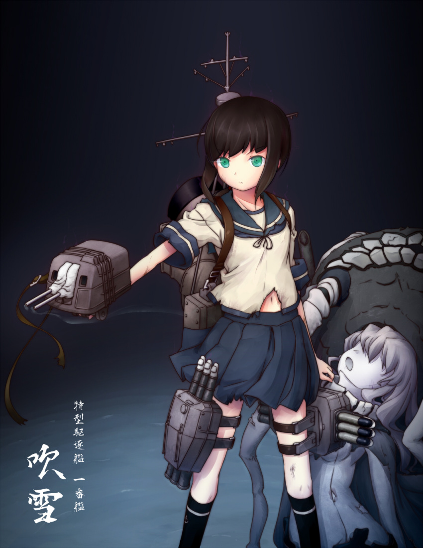 2girls aqua_eyes black_hair cannon fubuki_(kantai_collection) highres kantai_collection multiple_girls mumyoudou personification school_uniform serafuku shinkaisei-kan skirt torn_clothes translation_request wo-class_aircraft_carrier