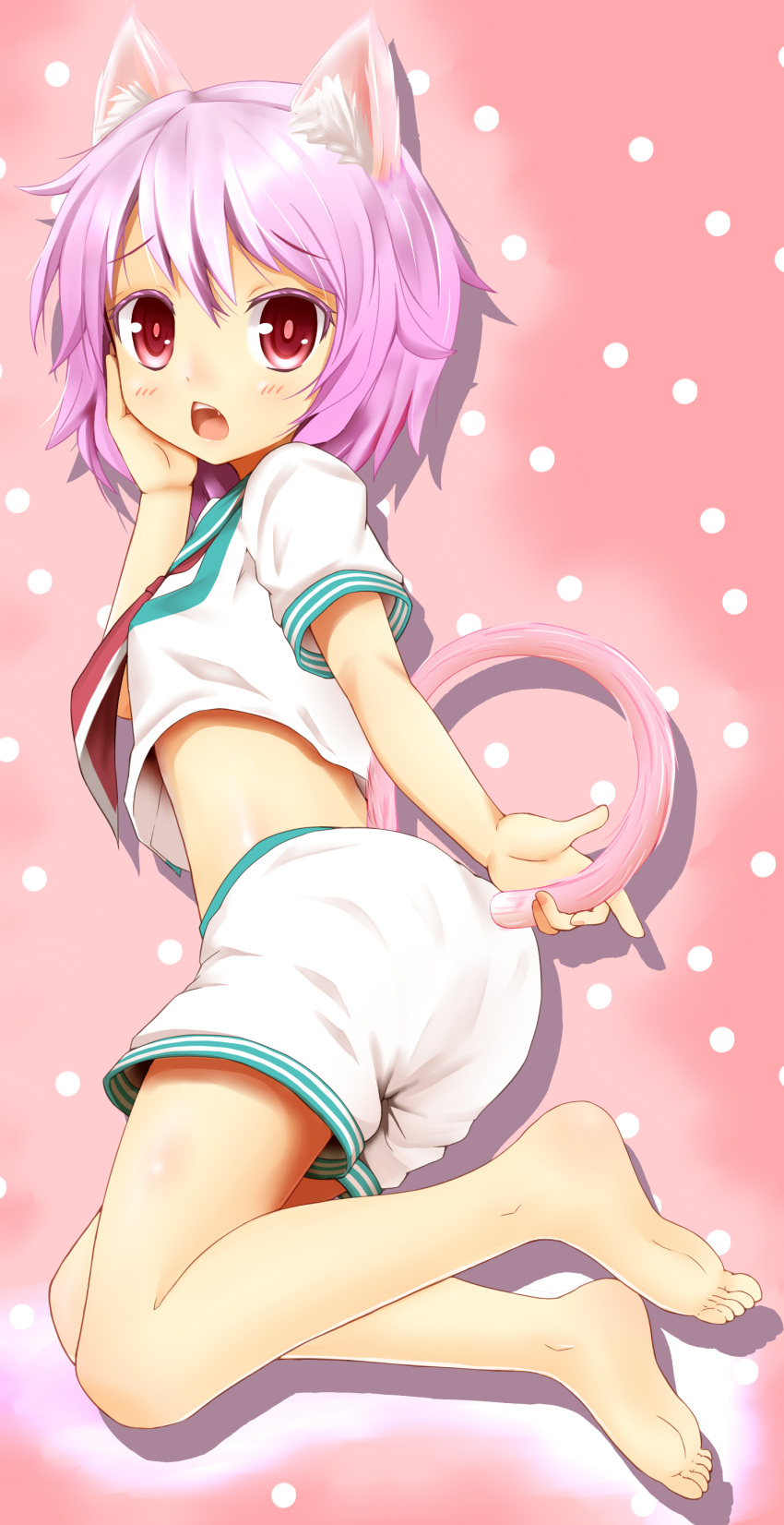 1girl absurdres animal_ears barefoot cat_ears cat_tail full_body halter_top halterneck hand_on_own_cheek highres kantai_collection looking_at_viewer looking_back midriff neckerchief open_mouth personification pink_background polka_dot polka_dot_background purple_hair red_eyes school_uniform serafuku shiron_(e1na1e2lu2ne3ru3) short_hair short_sleeves shorts solo tail tama_(kantai_collection)