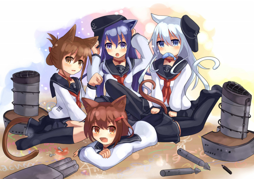 4girls akatsuki_(kantai_collection) animal_ears black_legwear blue_eyes brown_eyes brown_hair cat_ears cat_tail collar fang fish folded_ponytail food_in_mouth hair_ornament hairclip hat hibiki_(kantai_collection) highres ikazuchi_(kantai_collection) inazuma_(kantai_collection) kantai_collection kemonomimi_mode long_hair looking_at_viewer mouth_hold multiple_girls neckerchief open_mouth pantyhose personification school_uniform serafuku short_hair silver_hair skirt smile sumire_l.a. tail thighhighs