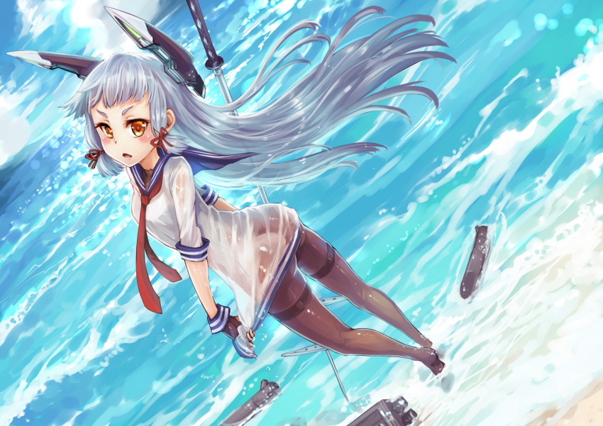 1girl ass black_legwear blush dutch_angle fingerless_gloves from_behind gloves hair_ribbon headgear highres holding kantai_collection katana ks long_hair looking_at_viewer looking_back murakumo_(kantai_collection) necktie open_mouth pantyhose payot personification ribbon sailor_dress see-through silver_hair solo sword thighband_pantyhose torpedo very_long_hair water weapon wet wet_clothes yellow_eyes
