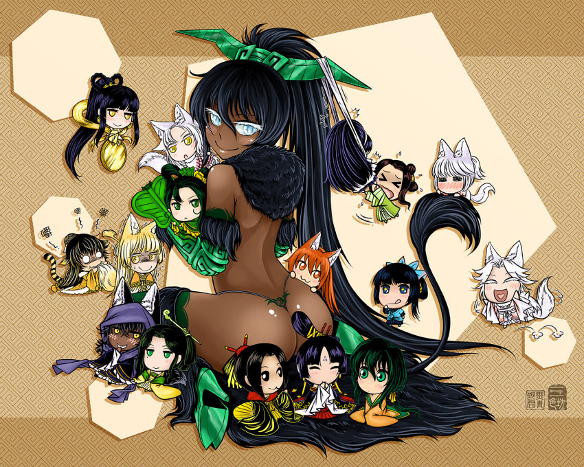 6+girls animal_ears antaria ass black_eyes black_hair blue_eyes blush chi_you chibi chinese chinese_clothes chinese_mythology closed_eyes dark_skin fan green_eyes hair_ornament heart highres journey_to_the_west looking_back multiple_girls no_pupils open_mouth smile tail tie_shan_gongzhu tiger_tail tongue translation_request yellow_eyes yin_yang yu_mian_gongzhu