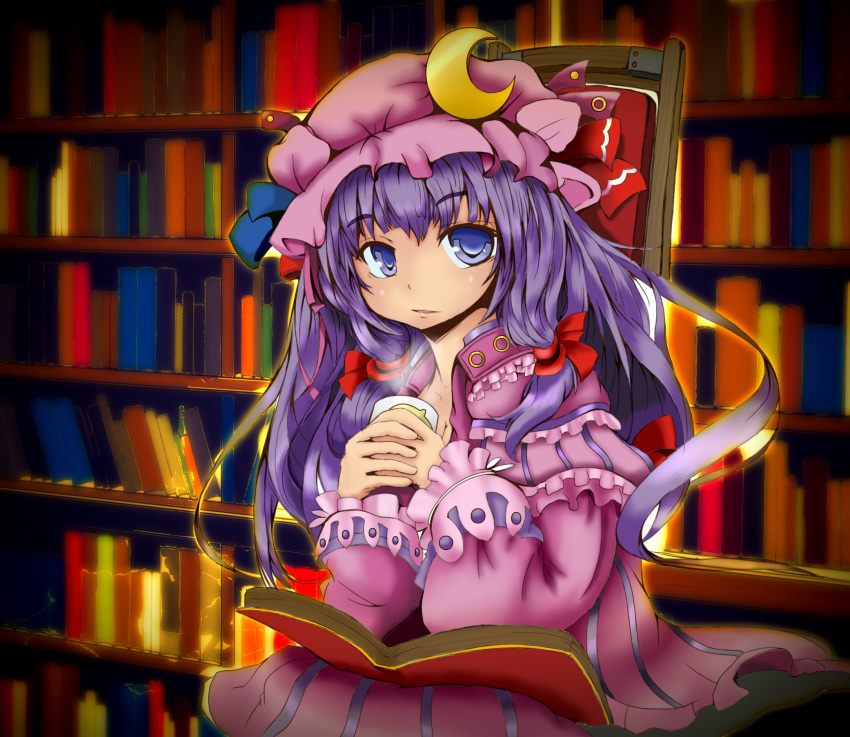 1girl book bookshelf chair crescent cup hair_ribbon hat highres kokobongo long_hair patchouli_knowledge purple_hair ribbon solo teacup touhou violet_eyes