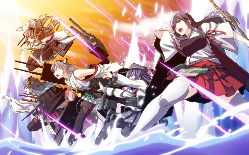 5girls ahoge akagi_(kantai_collection) akatsuki_(kantai_collection) armor black_hair blue_eyes bow_(weapon) brown_eyes brown_hair detached_sleeves h-new hairband haruna_(kantai_collection) hat hiei_(kantai_collection) highres japanese_clothes kantai_collection kongou_(kantai_collection) machinery multiple_girls muneate nontraditional_miko open_mouth pantyhose personification thighhighs turret water weapon wide_sleeves yellow_eyes