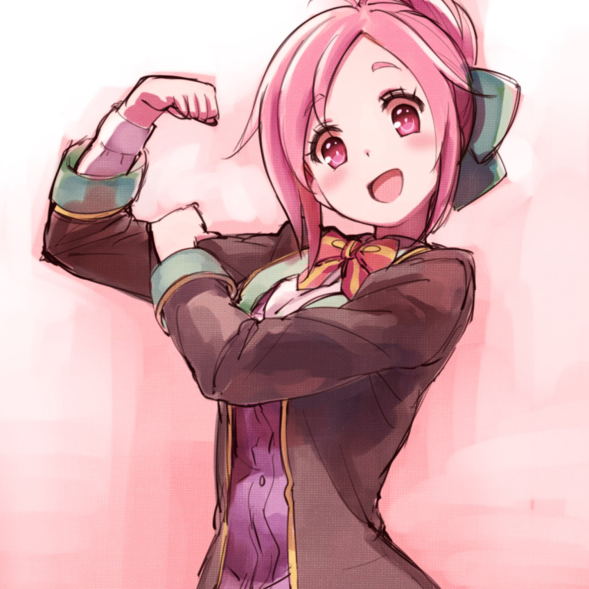 1girl :d amatsuka_megumi_(gj-bu) blazer cardigan clenched_hand flexing gj-bu hand_on_own_arm highres nyama open_clothes open_jacket open_mouth pink_eyes pink_hair pose rough school_uniform smile solo