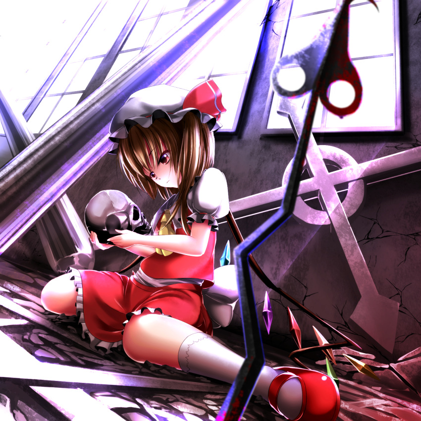 1girl ascot blonde_hair cross expressionless facing_away flandre_scarlet foreshortening hat hat_ribbon highres indoors janne_cherry laevatein looking_down mary_janes mob_cap puffy_short_sleeves puffy_sleeves red_eyes ribbon ruins shoes short_hair short_sleeves side_ponytail sitting skirt skirt_set skull socks solo touhou wariza wings