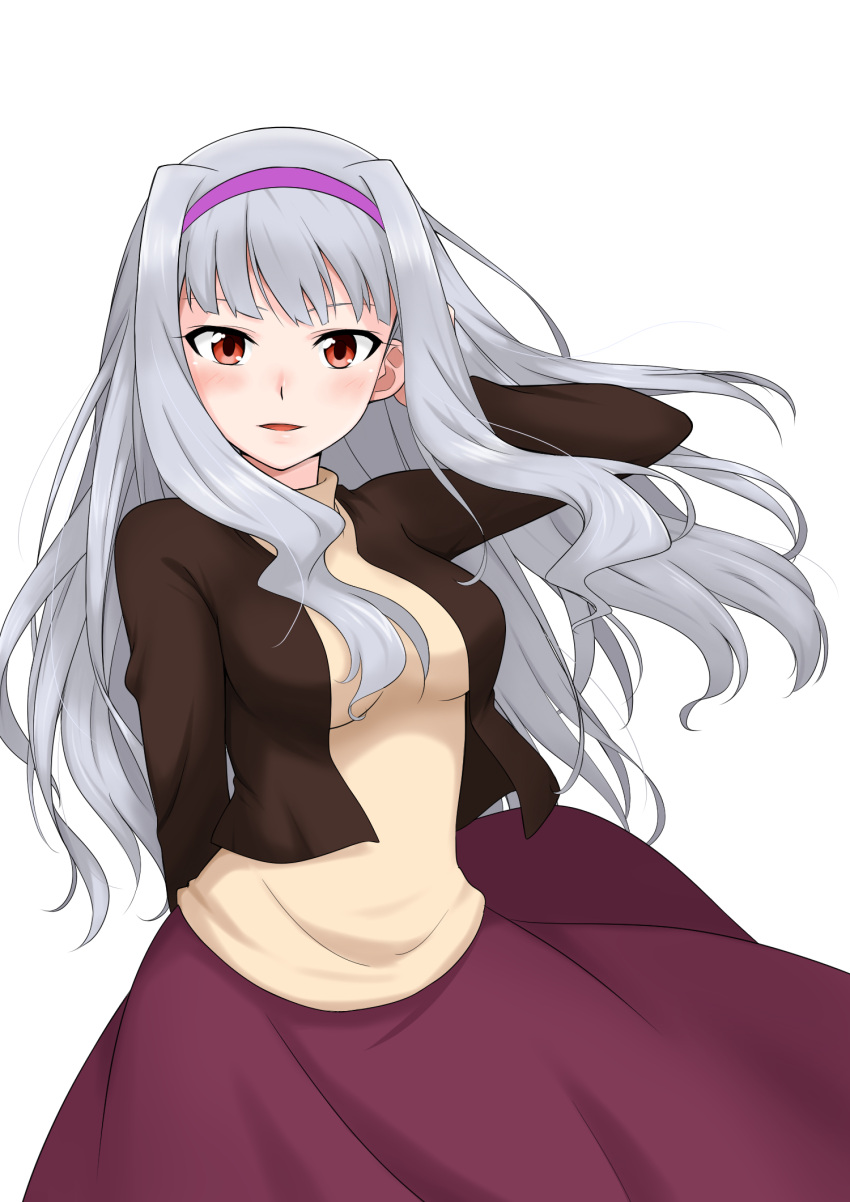 1girl blush breasts cutefreak dress hairband highres idolmaster long_hair long_sleeves open_mouth red_eyes shijou_takane silver_hair solo white_background