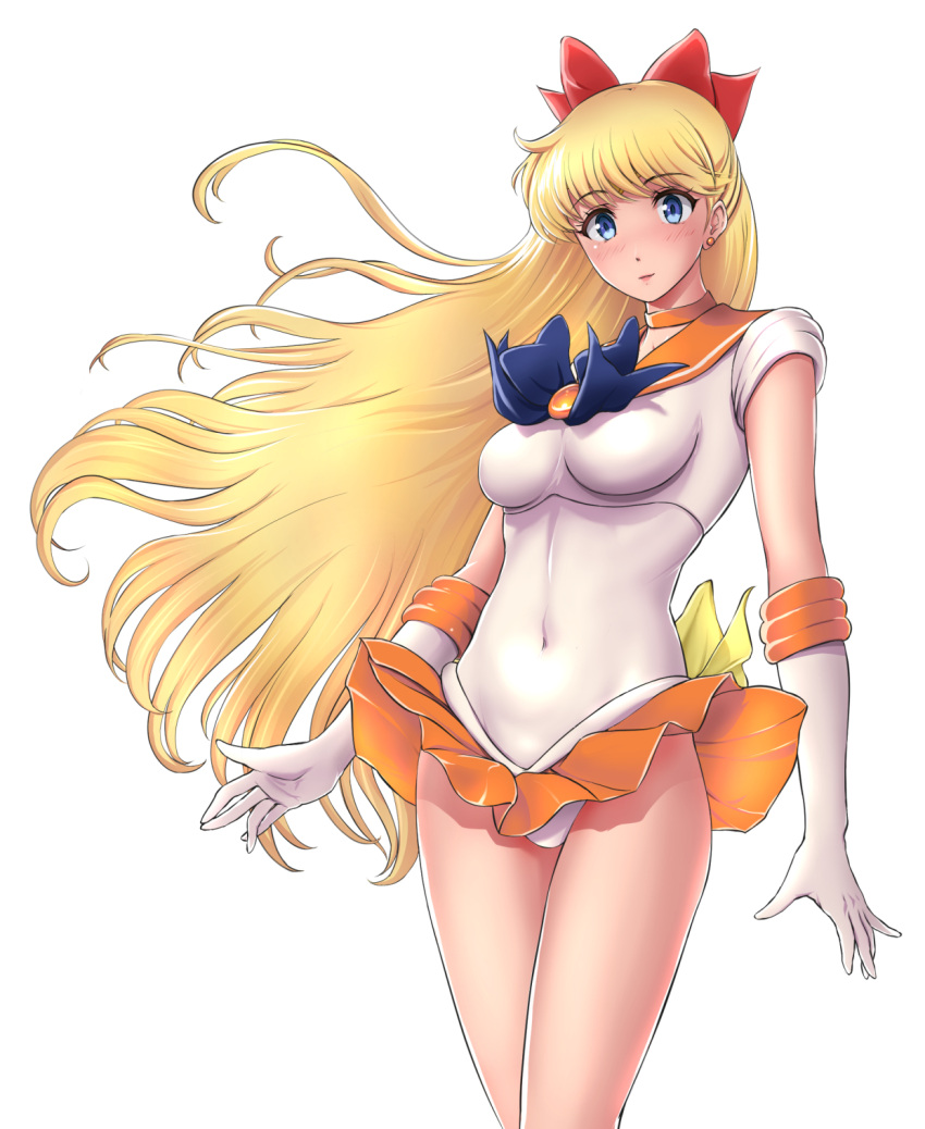 1girl aino_minako bishoujo_senshi_sailor_moon blonde_hair blue_eyes bow choker cowboy_shot earrings elbow_gloves gloves hair_bow half_updo highres jewelry long_hair looking_at_viewer magical_girl sailor_venus shoulder_pads simple_background skirt solo standing thighs very_long_hair white_background wind_lift zzy