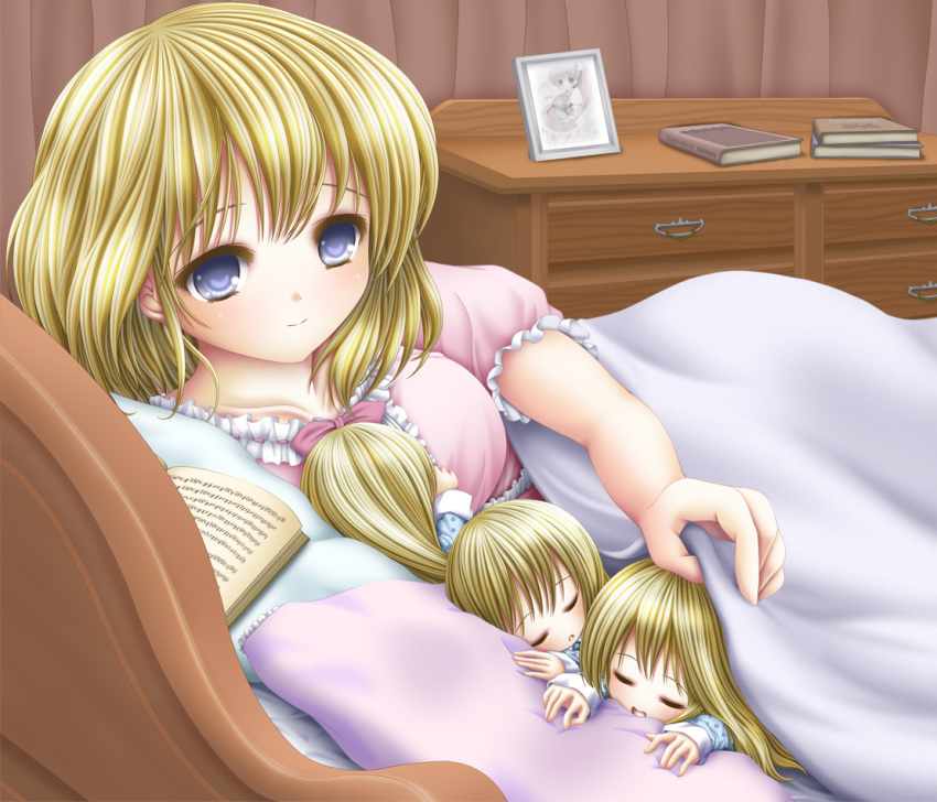 1girl alice_margatroid alternate_costume bed blonde_hair blue_eyes book bow chest_of_drawers hair_bow looking_at_viewer nightgown open_book pajamas photo_(object) pillow shanghai_doll short_hair short_sleeves sleeping smile solo touhou under_covers yosiaki